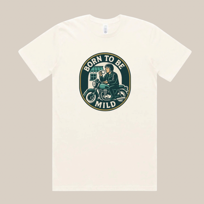 White t-shirt with a graphic design featuring a motorcycle and text on a beige background