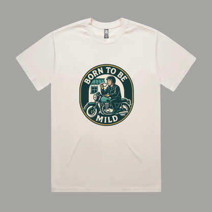 White t-shirt with a graphic design on a gray background