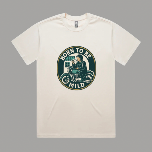 White t-shirt with a graphic design on a gray background