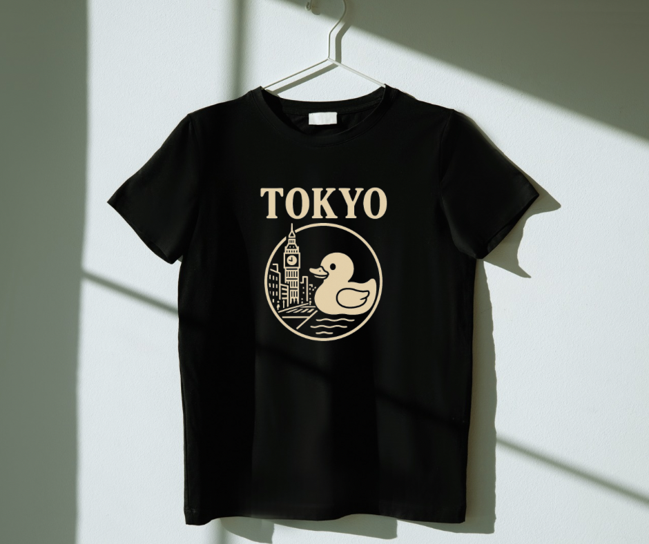 Black t-shirt with 'TOKYO' and duck graphic on a hanger against a white wall.