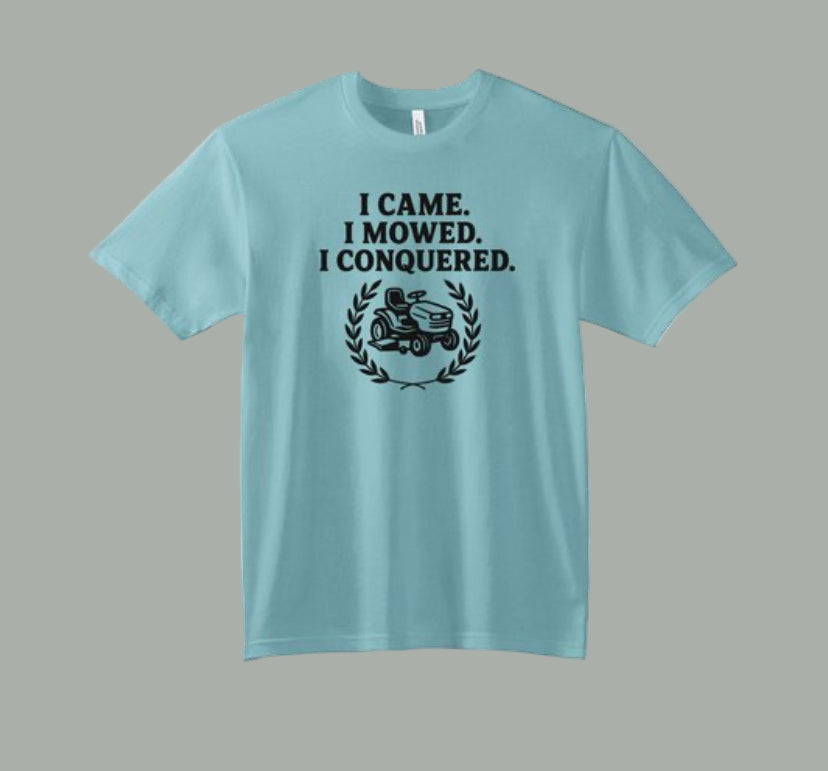 Light blue t-shirt with black text and graphic on a white background