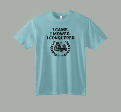 Light blue t-shirt with black text and graphic on a white background