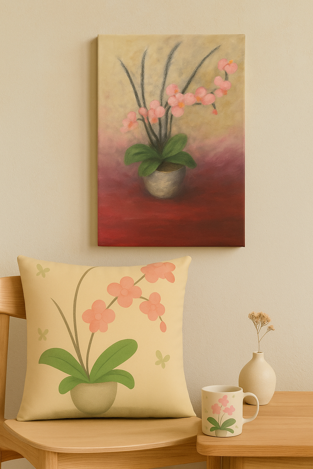 Decorative pillow and mug with floral design on a wooden chair and table against a wall with a painting of flowers.