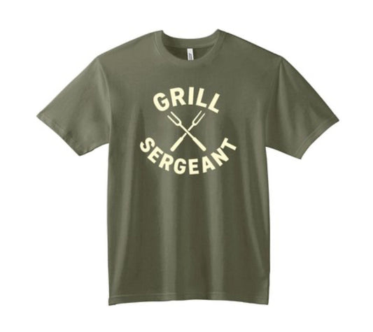 Green t-shirt with 'Grill Sergeant' text and crossed utensils on a white background