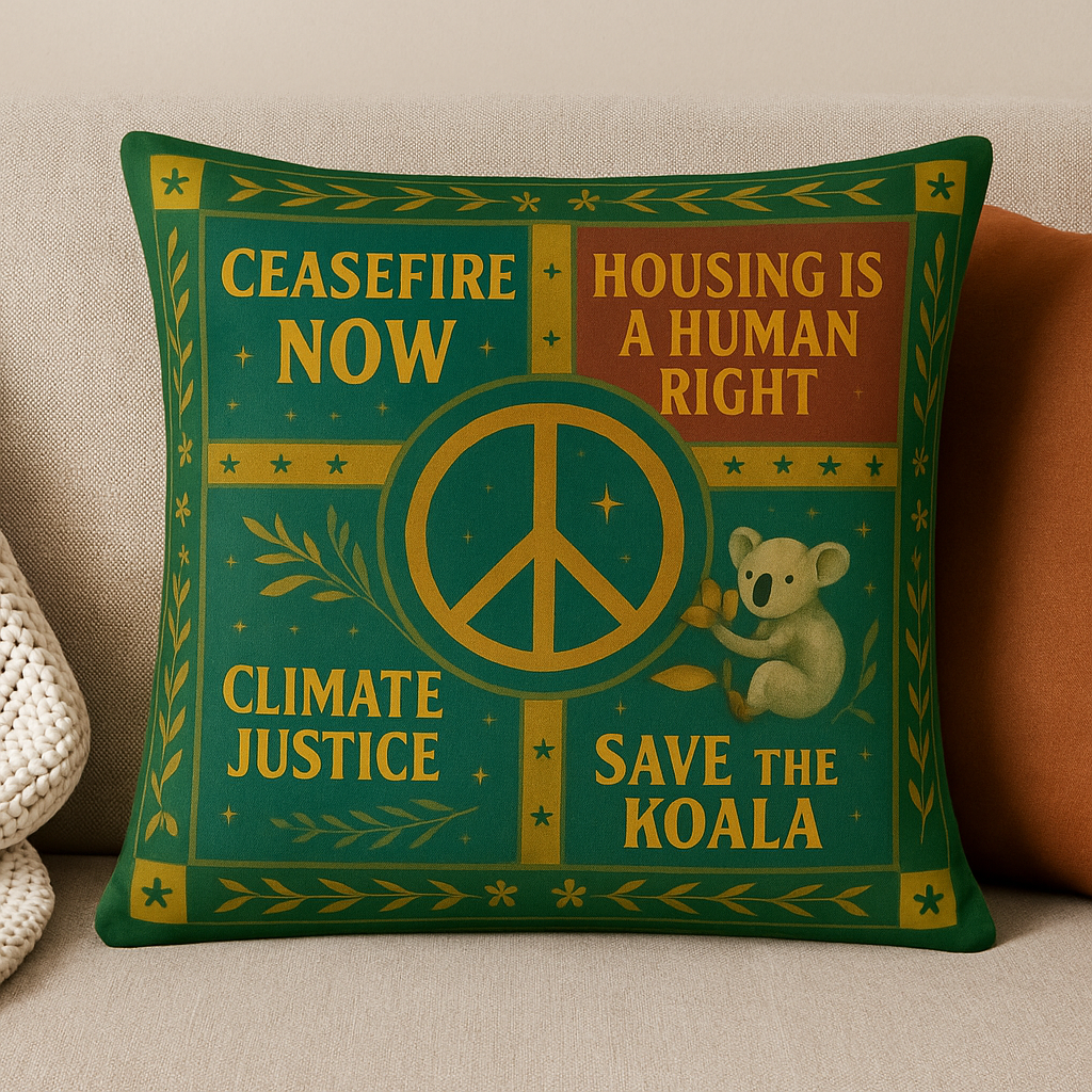 Pillow with environmental messages and a koala design on a beige background