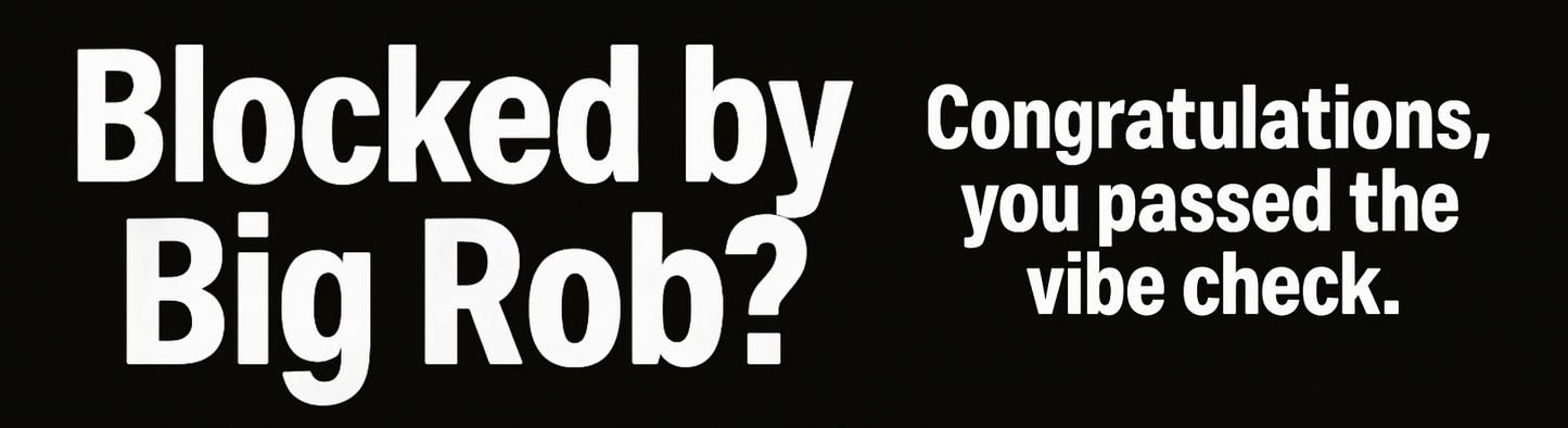 Black banner with white text 'Blocked by Big Rob?' and 'Congratulations, you passed the vibe check.'