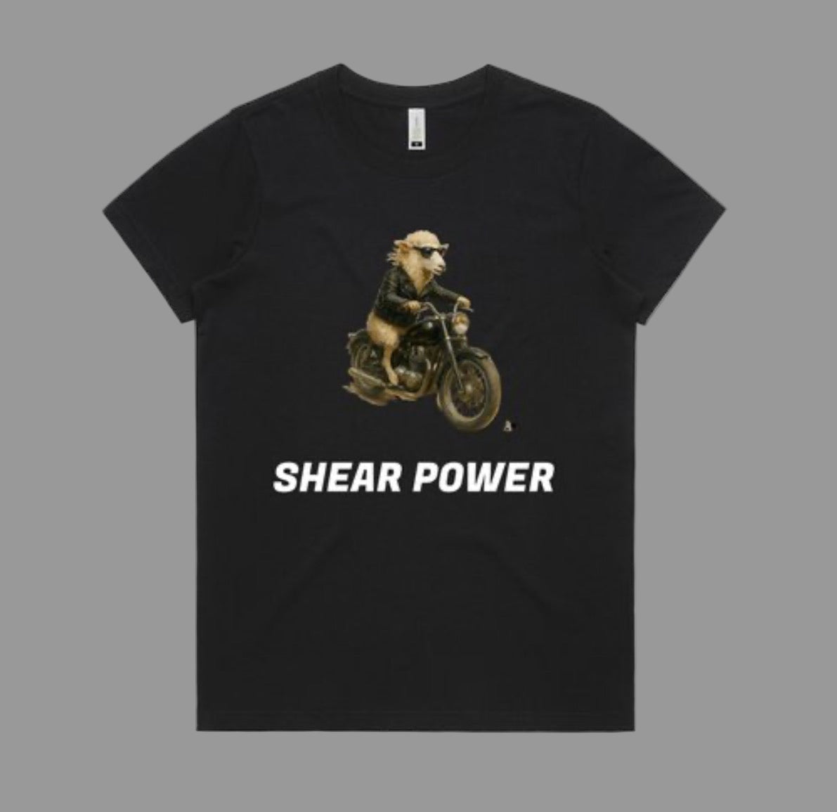 Black t-shirt with a graphic of a bear on a motorcycle and 'Shear Power' text on a gray background