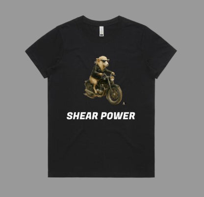 Black t-shirt with a graphic of a bear on a motorcycle and 'Shear Power' text on a gray background