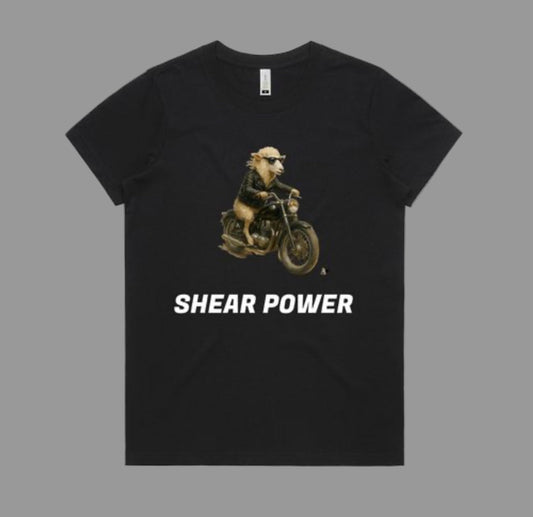 Black t-shirt with a graphic of a bear on a motorcycle and 'Shear Power' text on a gray background