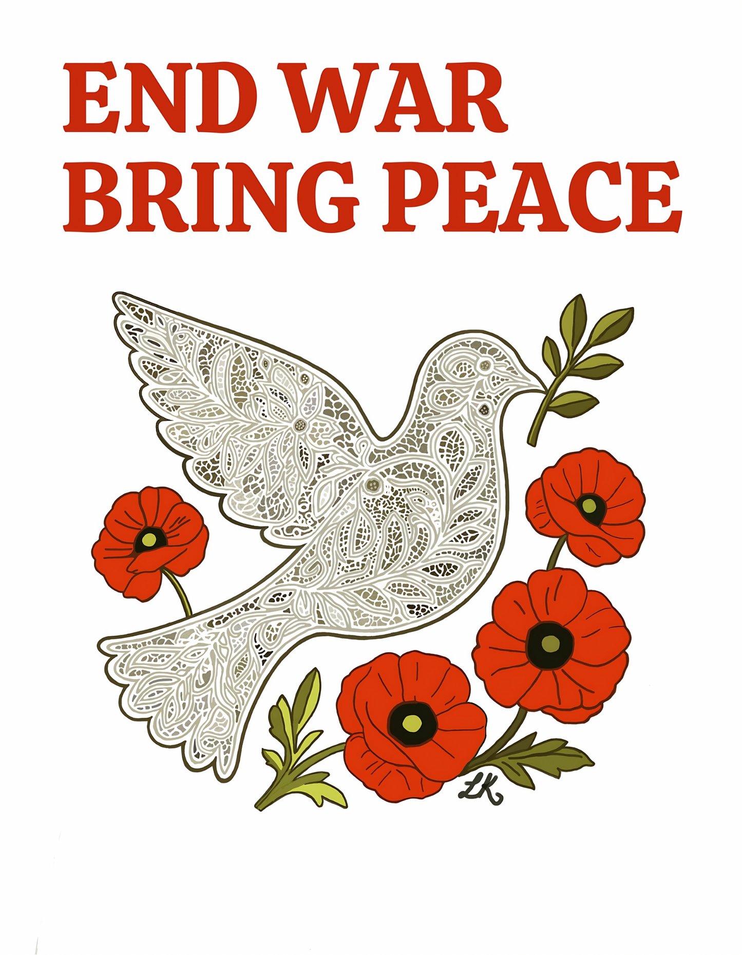Dove with red flowers and 'End War Bring Peace' text on a white background