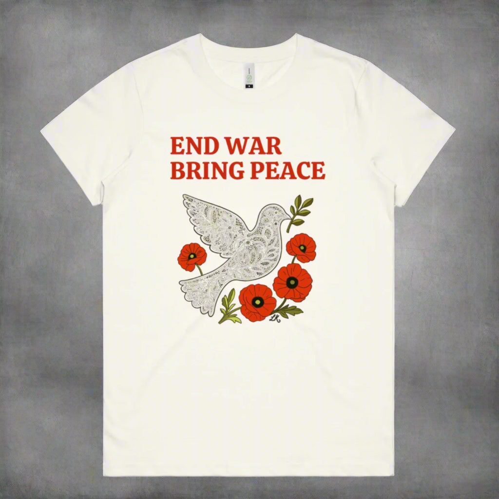 White t-shirt with a dove and poppies design and 'End War Bring Peace' text on a white background