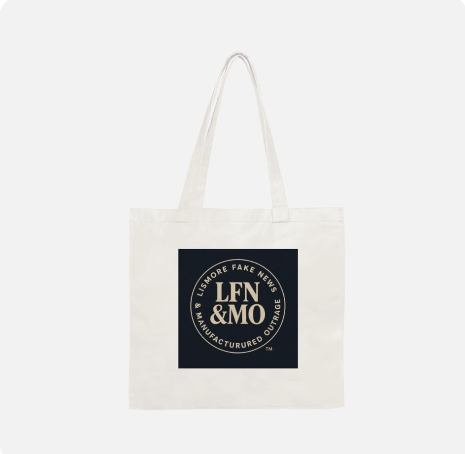 White tote bag with black and gold logo on a white background