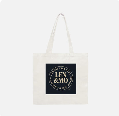 White tote bag with black and gold logo on a white background