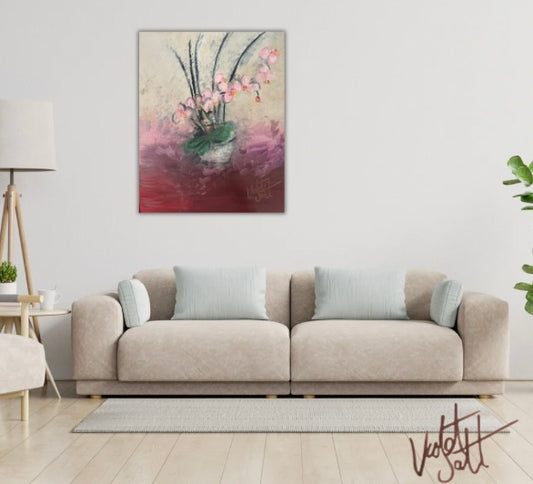 Floral painting on a beige wall in living room 