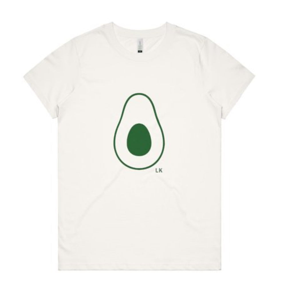 White t-shirt with an avocado graphic and 'LK' logo on a white background