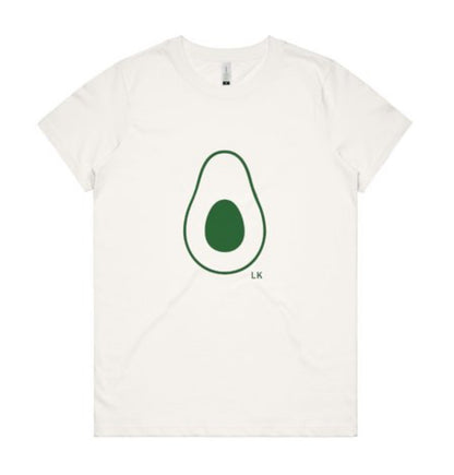 White t-shirt with an avocado graphic and 'LK' logo on a white background