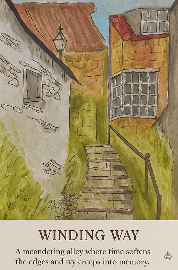 Illustration of a narrow alley with steps and buildings, accompanied by a quote.