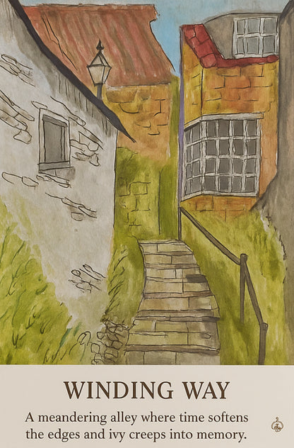 Illustration of a narrow alley with steps and buildings, accompanied by a quote.
