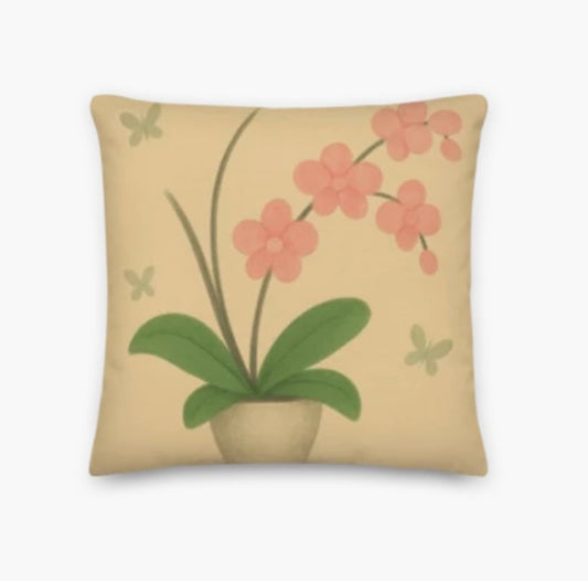 Decorative pillow with pink flowers and green leaves on a beige background