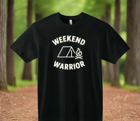 Black t-shirt with 'Weekend Warrior' graphic design on a white background