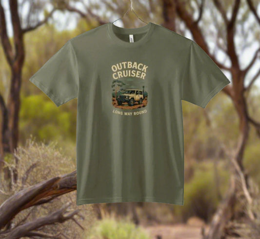 Green t-shirt with 'Outback Cruiser' graphic on a white background