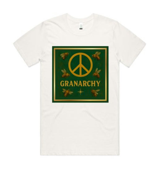 White t-shirt with a green square design featuring a peace symbol and bees, labeled 'GRANARCHY'.