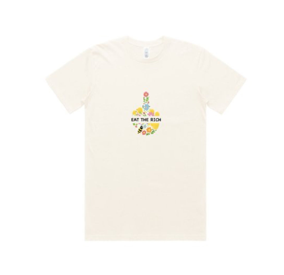 White t-shirt with colorful graphic and text 'EAT THE RICH' on a white background