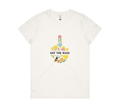 White t-shirt with colorful graphic and text 'EAT THE RICH' on a white background