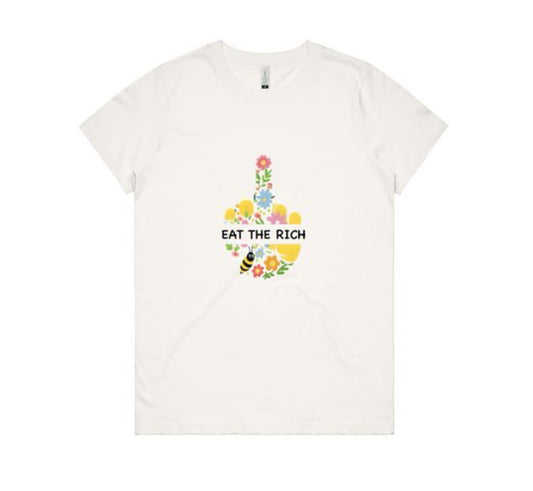 White t-shirt with colorful graphic and text 'EAT THE RICH' on a white background