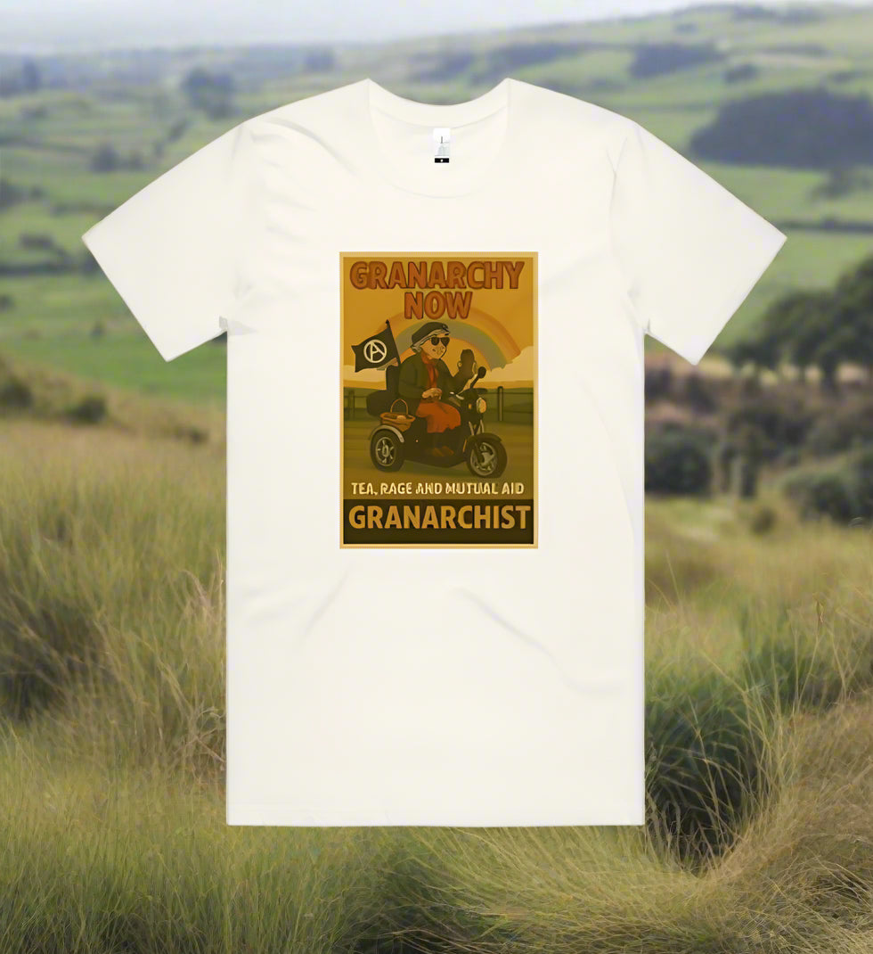 White t-shirt with a graphic design featuring text and a person on a motorcycle on a white background