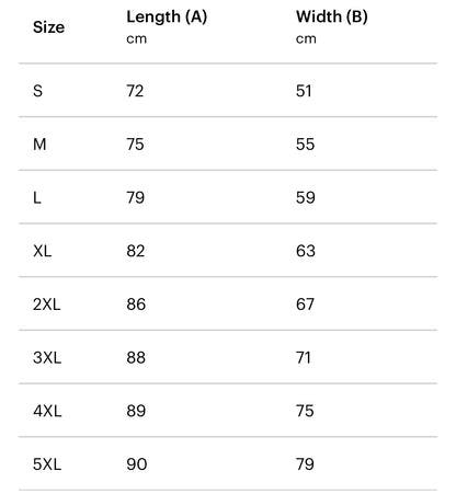 Table showing size chart for length (A) and width (B) measurements.
