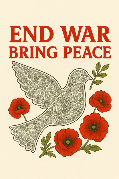 Vintage-style poster with a dove and red flowers, featuring the text 'End War Bring Peace' on a beige background.