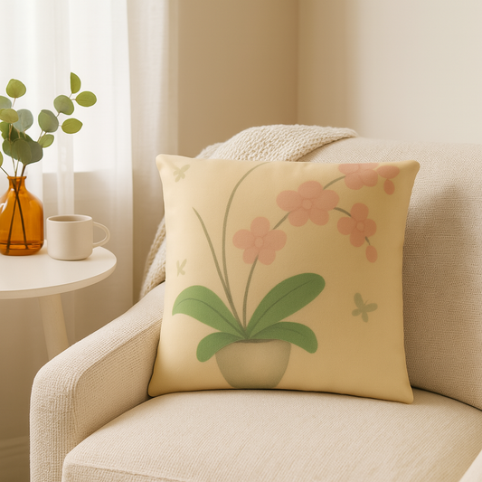 Decorative pillow with floral design on a beige armchair in a cozy living room.