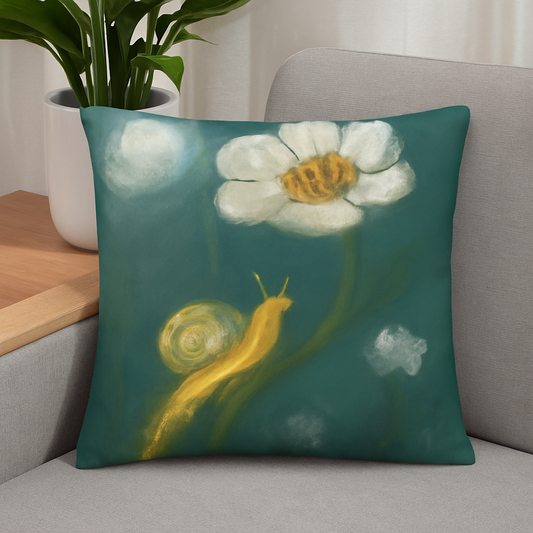 Decorative pillow with a snail and flower design on a gray couch.
