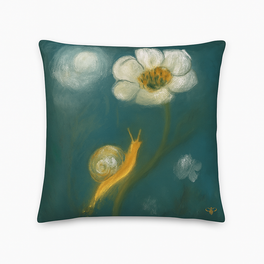 Decorative pillow with a snail and flower design on a teal background