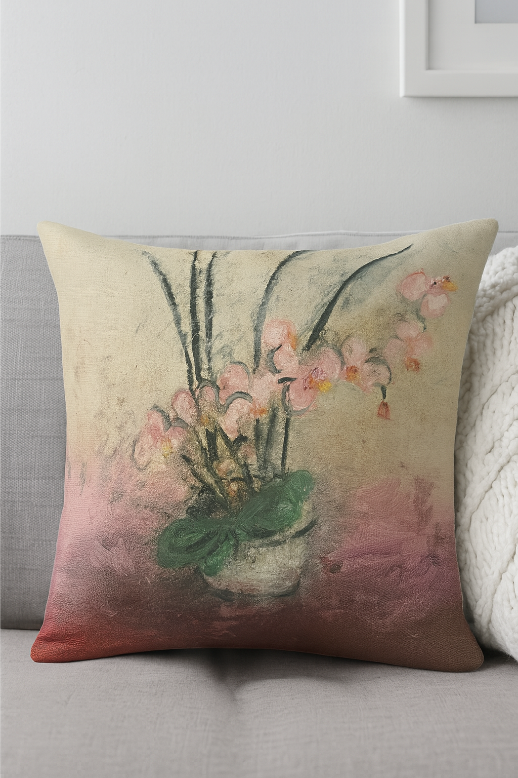 Decorative pillow with floral design on a couch