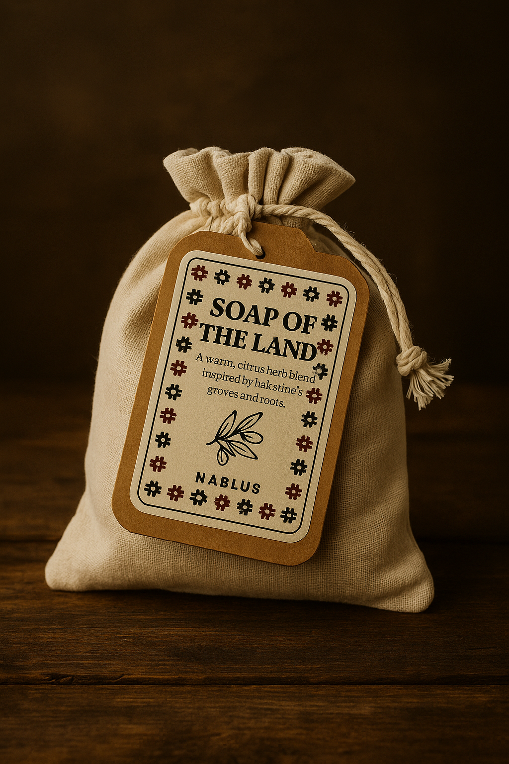 Nablus olive oil soap in a natural cotton drawstring bag, labeled ‘Soap of the Land.’ Handmade and palm-oil free, featuring a warm citrus herb scent inspired by Palestinian groves. Ethical self-care by Hive Homewares