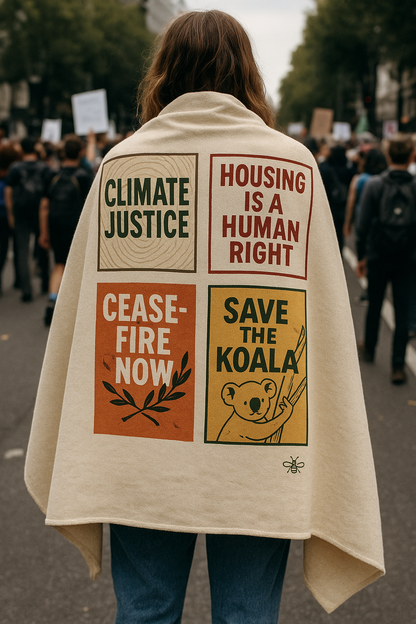 Protest-themed blanket with bold slogans including ‘Climate Justice,’ ‘Ceasefire Now,’ ‘Save the Koala,’ and ‘Housing Is a Human Right.’ Soft and radical, designed by Hive Homewares as a warm hug for the revolution