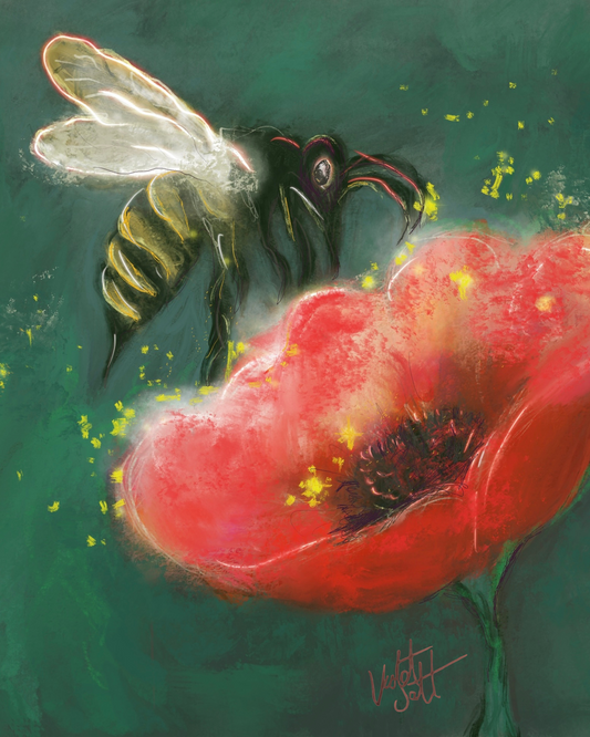 Illustration of a bee on a red flower with a green background