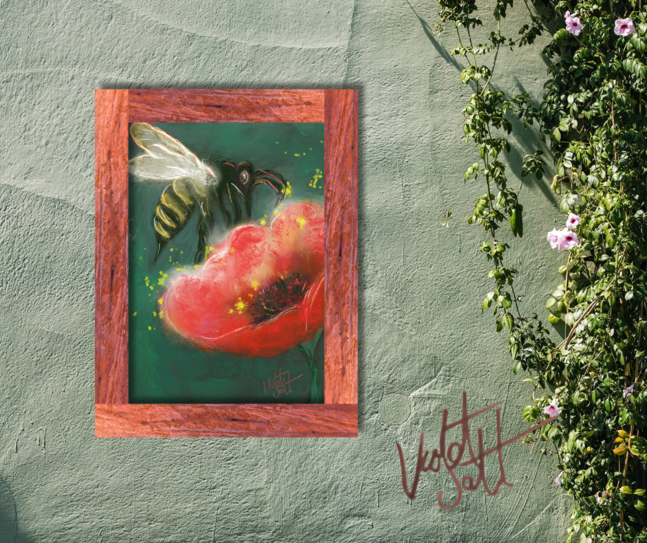 Framed artwork of a bee on a flower against a textured wall with greenery.