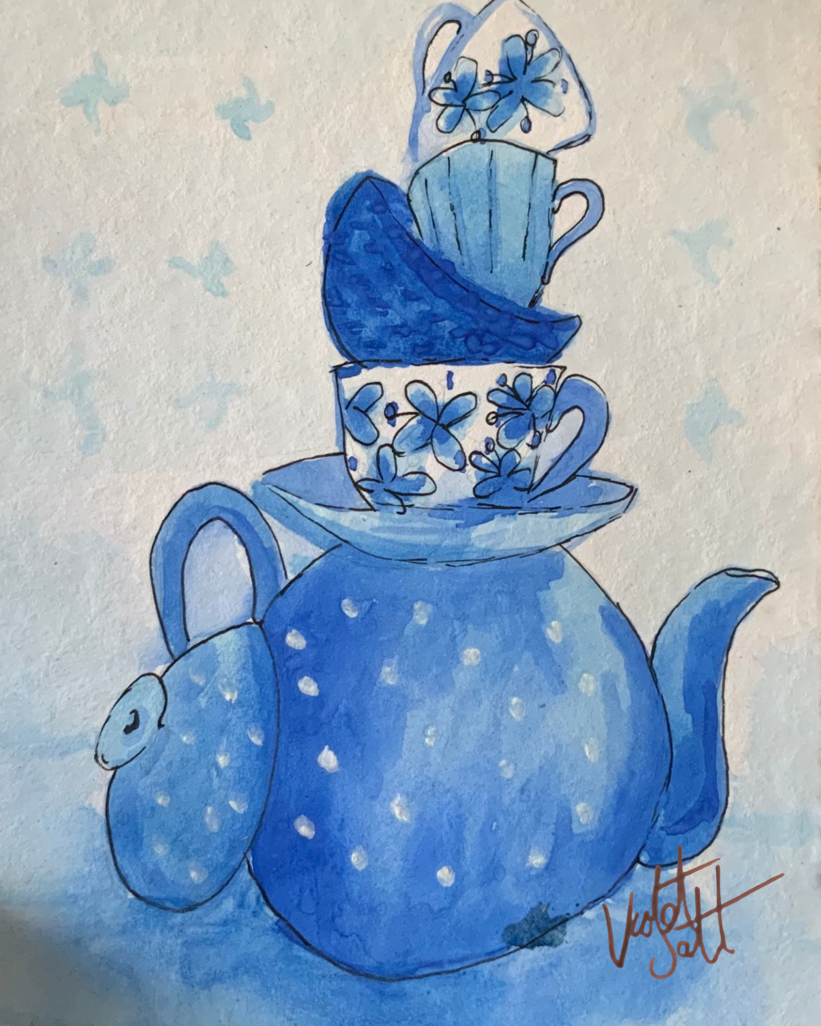 Blue teapot and stacked cups watercolour painting