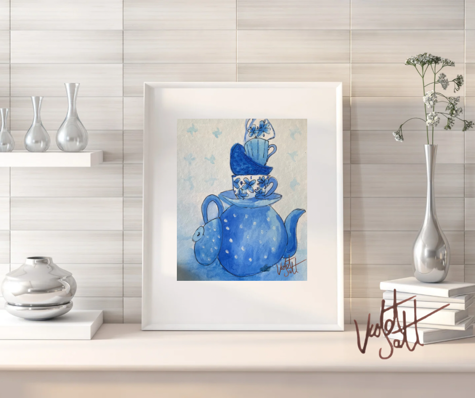Framed artwork of a blue teapot with teacups on a shelf with decorative vases.