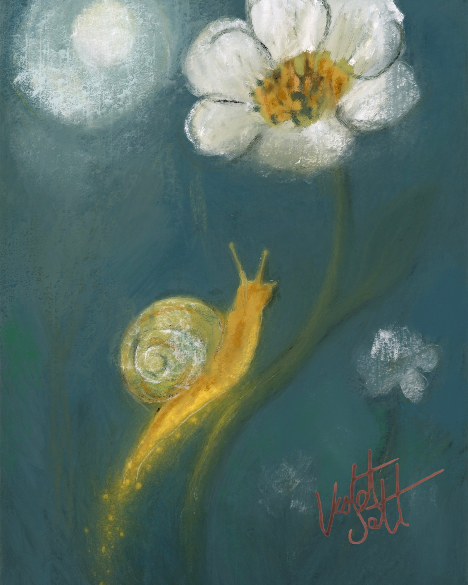 Artistic depiction of a yellow snail on a white flower with a blue background