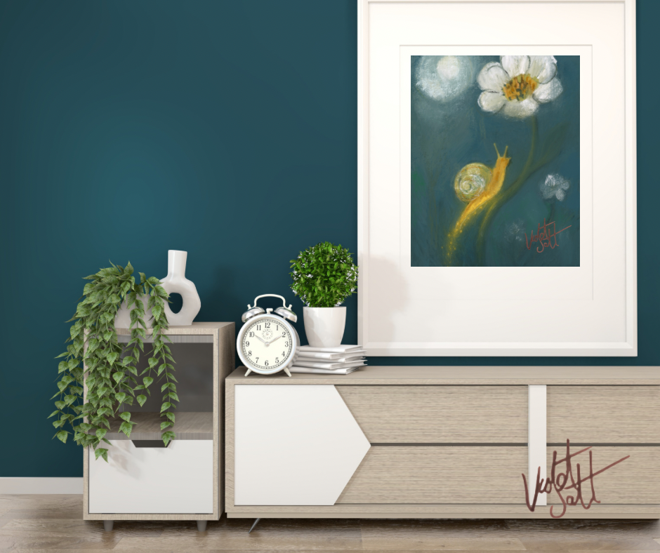 Modern interior with a wooden cabinet, decorative items, and a framed artwork on a blue wall.