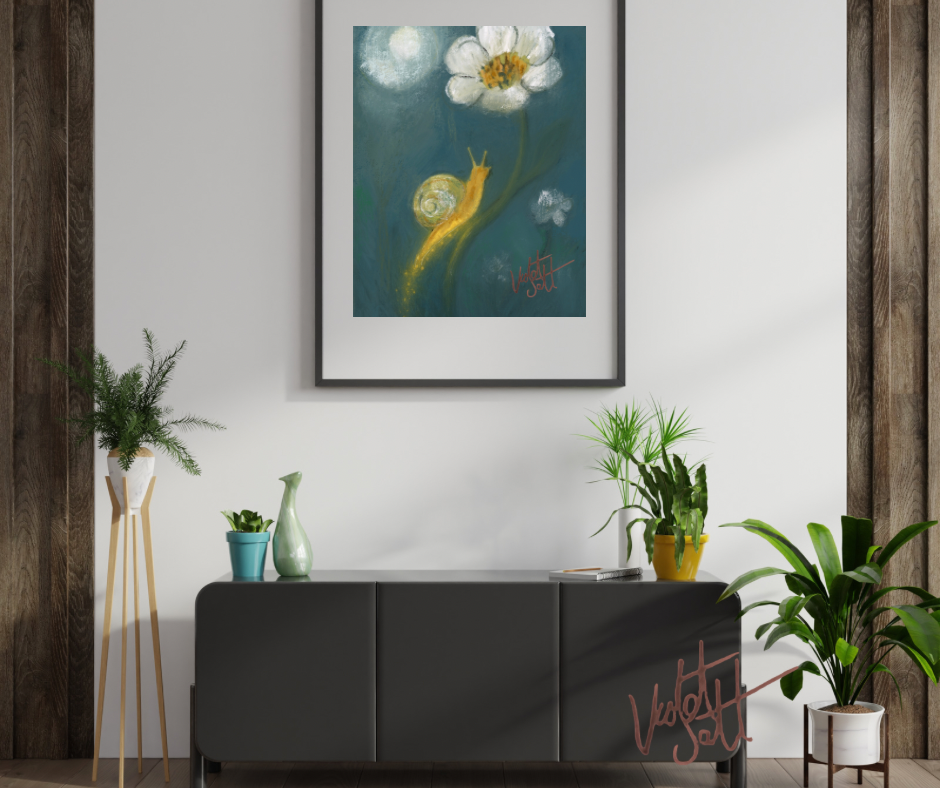 Framed artwork of a snail on a flower above a dark gray cabinet with plants around.