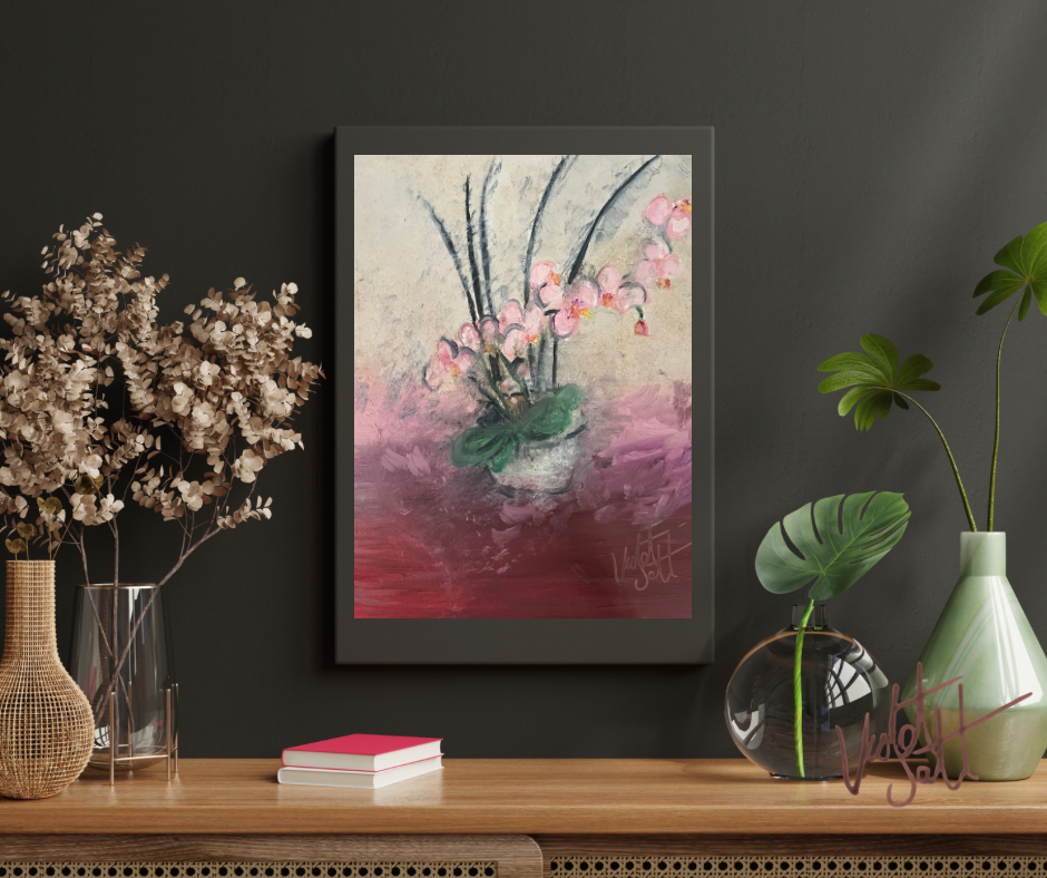 Framed artwork of a floral scene on a dark wall with decorative items on a wooden surface.
