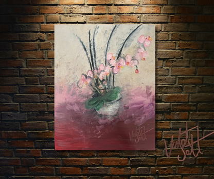 Painting of pink flowers in a vase on a brick wall with 'Valerie Salt' signature.