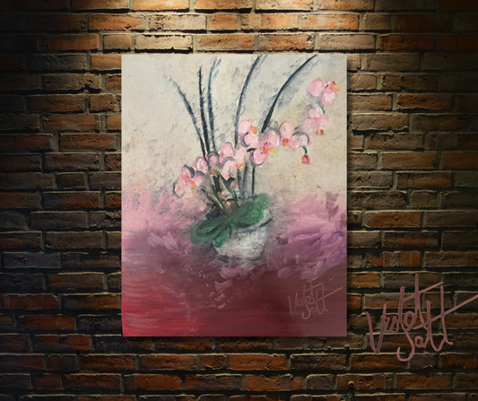 Painting of pink flowers in a vase on a brick wall with 'Valerie Salt' signature.