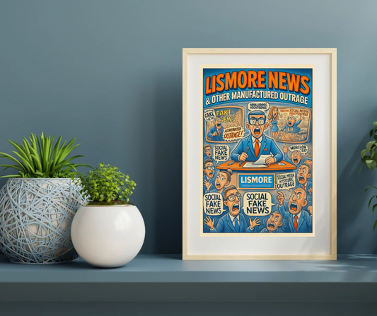 📰 “LISMORE NEWS & Other Manufactured Outrage” – Vintage Satire Poster