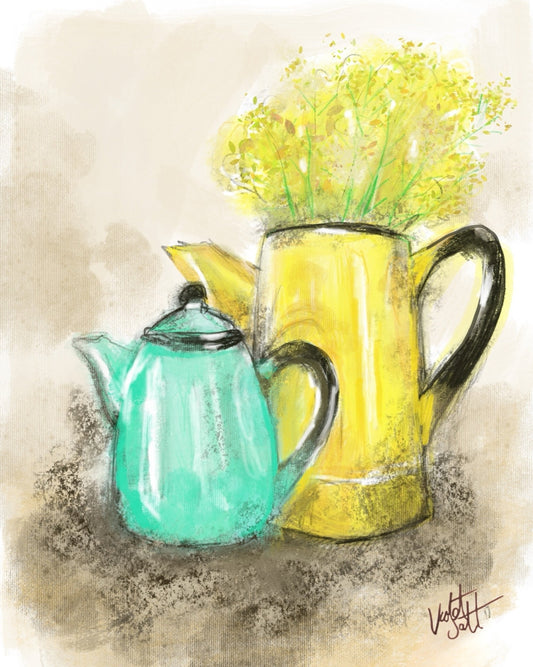 Illustration of a turquoise teapot and a yellow pitcher with flowers on a textured background